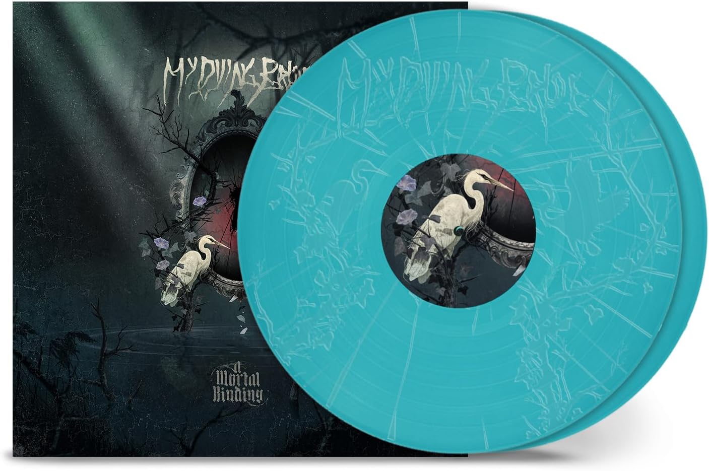 My Dying Bride album cover and teal vinyl record with bird imagery.