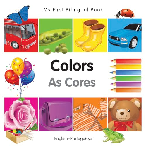 Bilingual children’s book cover featuring colorful objects and the word “Colors”.
