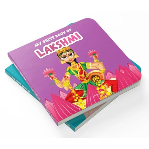 Two stacked children's board books, one featuring an illustration of the goddess Lakshmi.