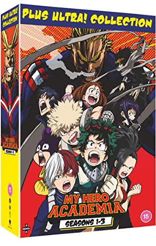 My Hero Academia Seasons 1-3 DVD box set featuring anime characters.