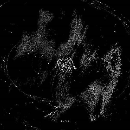 Black and white abstract image of a creature within a circular pattern.