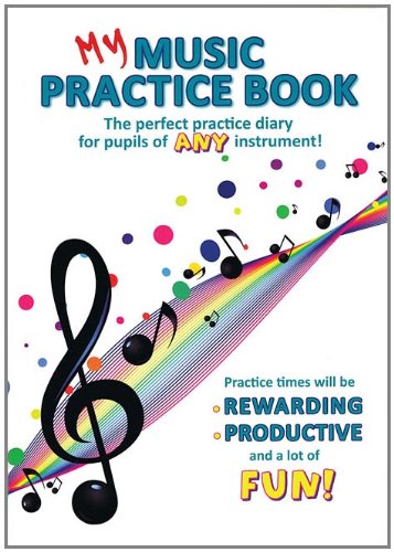 Cover of My Music Practice Book featuring a treble clef, rainbow lines, and music notes.