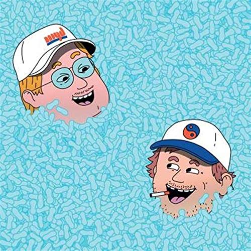 Cartoon album cover for Mac DeMarco’s “Moving Men” with two illustrated faces.
