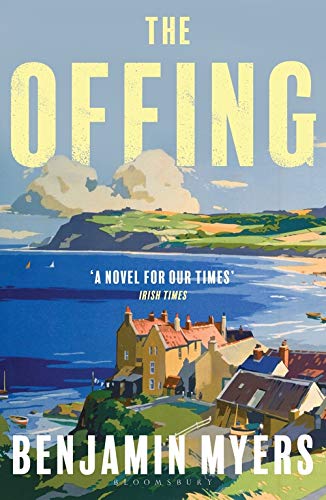 Book cover: coastal village scene with blue water and white clouds.
