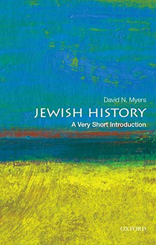 Book cover: "Jewish History" by David N. Myers, with abstract blue and yellow art.