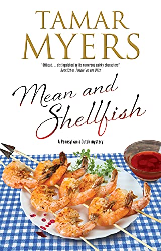 Book cover: "Mean and Shellfish" mystery with shrimp and a blue tablecloth.