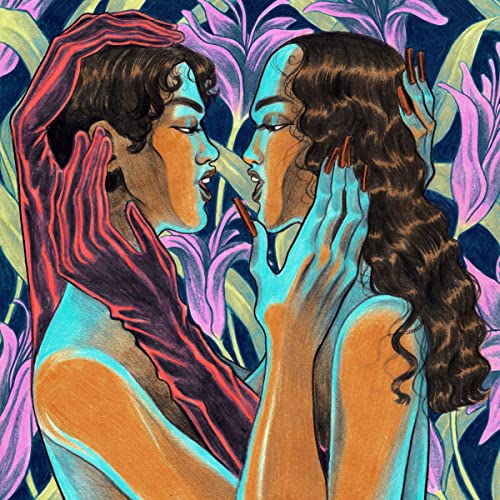 Two figures with dark curly hair face each other amidst floral patterns.