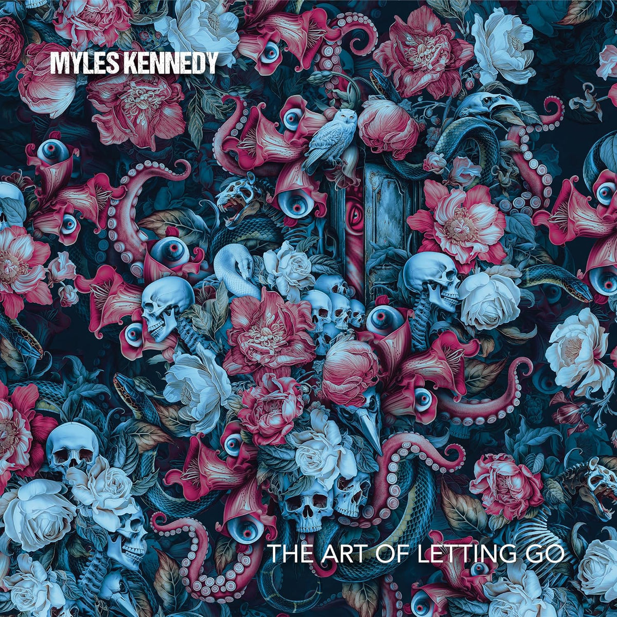 Surreal artwork featuring skulls, flowers, eyes, and tentacles on a dark blue background.