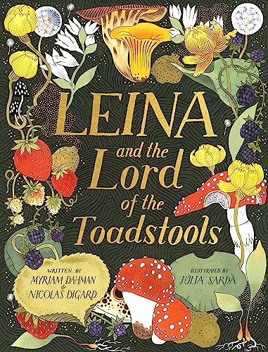 Book cover with gold text surrounded by illustrations of mushrooms, strawberries, and blackberries.