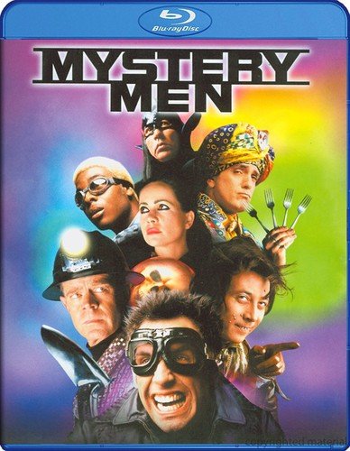 Mystery Men" Blu-ray cover featuring a group of costumed superheroes.