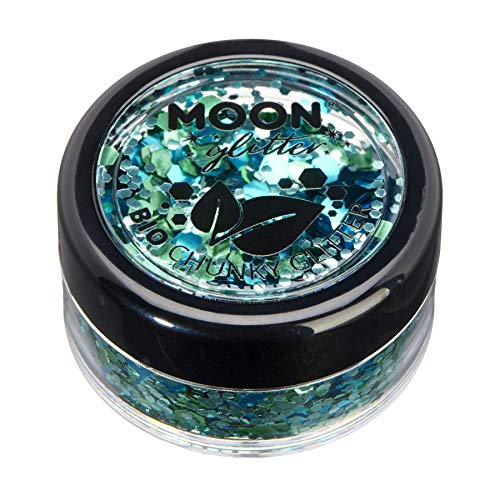 Small round jar filled with blue and green chunky cosmetic glitter.