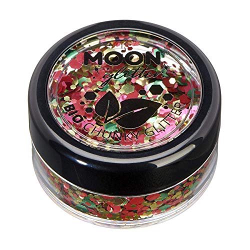 Small jar of chunky red, gold, and green cosmetic glitter with black lid.