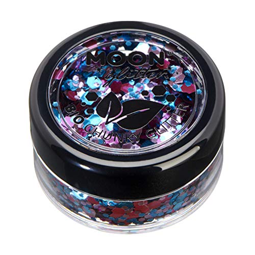Small round container filled with chunky blue and purple cosmetic glitter.