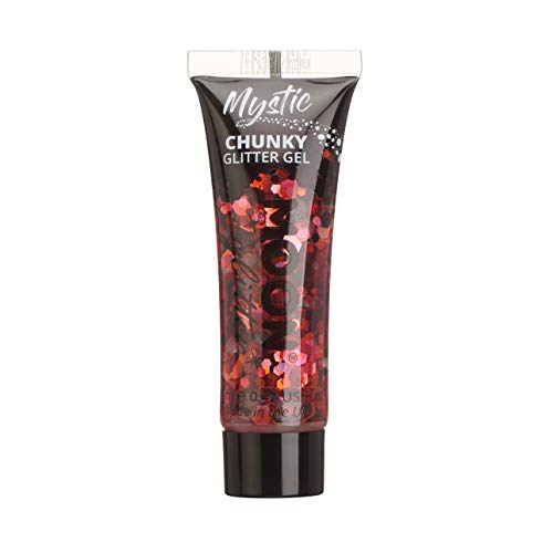 A tube of red chunky glitter gel labeled Mystic Chunky Glitter Gel.