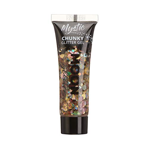 A clear plastic squeeze tube filled with chunky gold and iridescent cosmetic glitter gel.