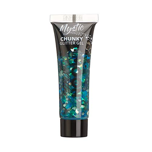A squeeze tube of blue and teal chunky glitter gel against a white background.