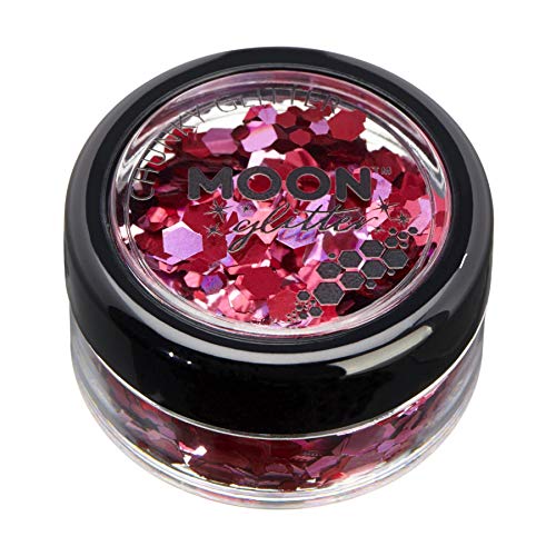 Small round jar filled with chunky pink and red cosmetic glitter.