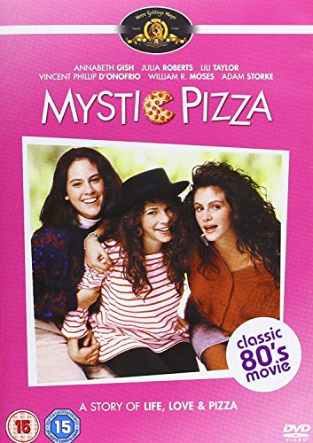 DVD cover for Mystic Pizza featuring three women smiling against a bright pink background.
