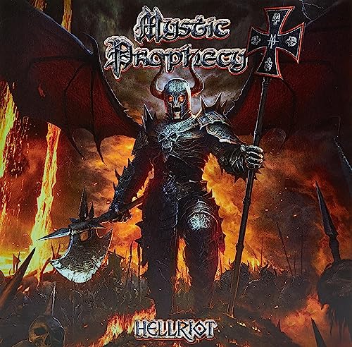 Album cover for Mystic Prophecy’s “Hellriot” featuring a demonic warrior.