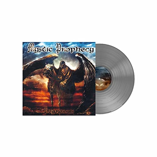 Mystic Prophecy Regressus album cover art next to a silver vinyl record.