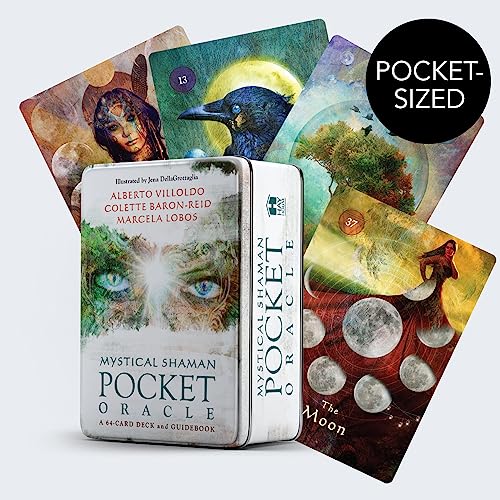 Mystical Shaman Pocket Oracle deck in a tin with several illustrated cards fanned out.