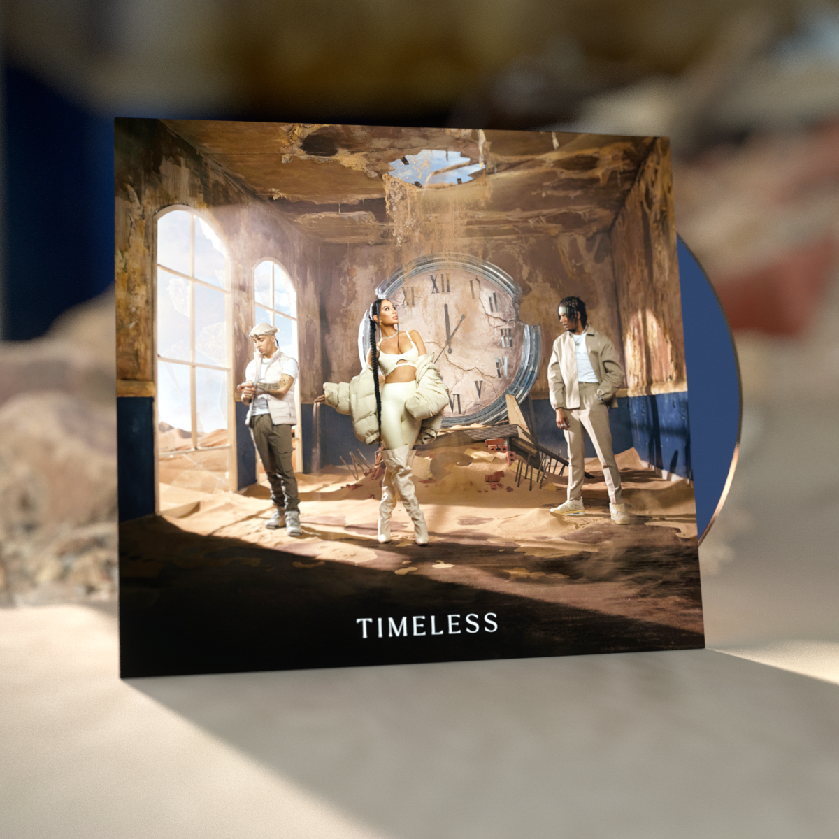 "Album cover featuring three people in a damaged room with a large clock."
