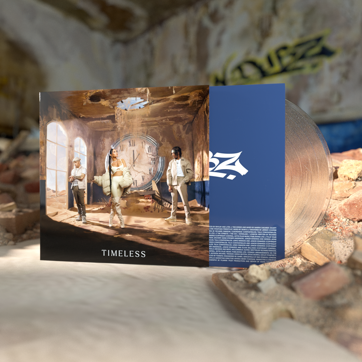 Vinyl record and cover art featuring three people in a ruined room.