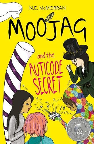 Book cover featuring illustrated characters and bold, colorful text: “Moojag and the Auticode Secret.”