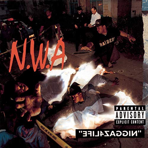 N.W.A. album cover depicting a street scene with figures and red lettering.