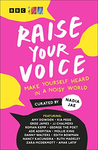 Book cover: "Raise Your Voice" with pink background and white text.