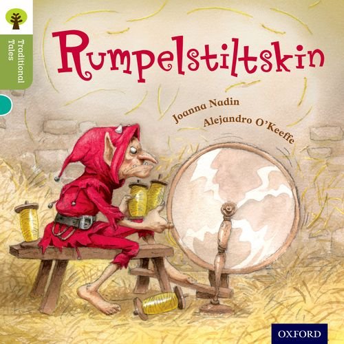 Rumpelstiltskin illustration: a small imp spinning straw at a wheel.