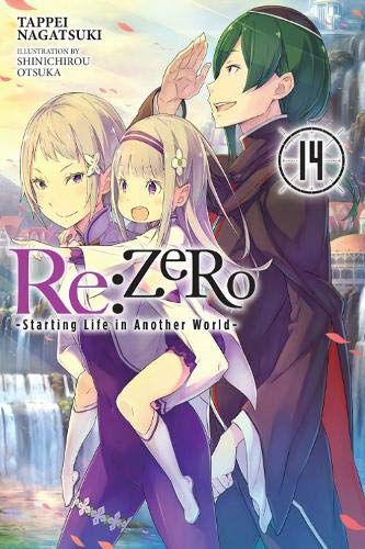 Cover art for Re:ZERO volume 14 featuring three anime characters against a waterfall background.