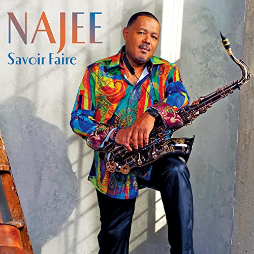Najee portrait with saxophone, album cover for “Savoir Faire.”