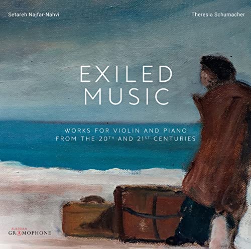 CD cover: “Exiled Music” with a seascape and figure with luggage.