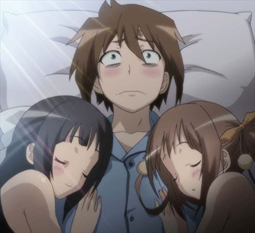 Anime scene of a young man with two girls resting on him.