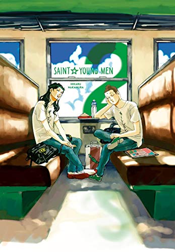 Two young men sit facing each other on a train, manga style.