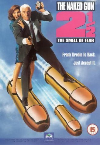 Movie poster for "The Naked Gun 2 ½" featuring a man riding bullets.