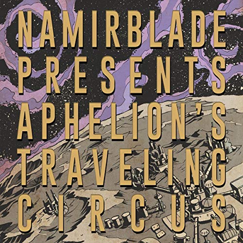 "Album cover with yellow text on a steampunk-themed background with purple smoke."