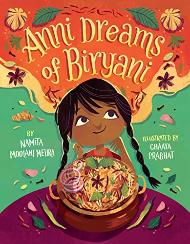 Book cover: girl with biryani, illustrated in a colorful, whimsical style.