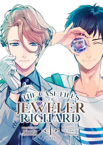 Light novel cover with two anime-style men and a blue gemstone.