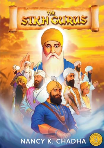 Book cover depicting portraits of Sikh Gurus in golden and blue tones.