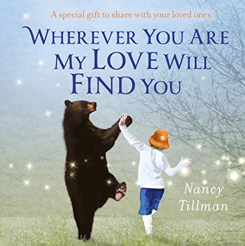 A black bear and a child in a hat dancing together in a field.