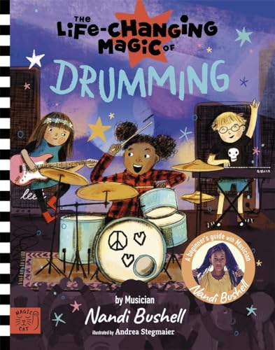 Book cover: children playing drums, guitar, and keyboard with musical notes.