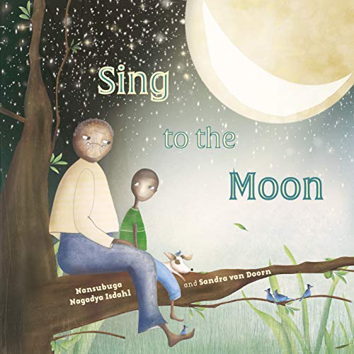 Book cover: two children and a dog sit on a branch under the moon.