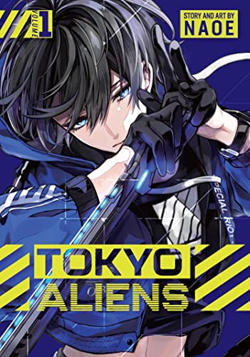 Manga cover: young man with dark hair and blue eyes, holding a glowing weapon.