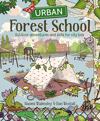Image of a book cover with children outdoors in a city forest setting.