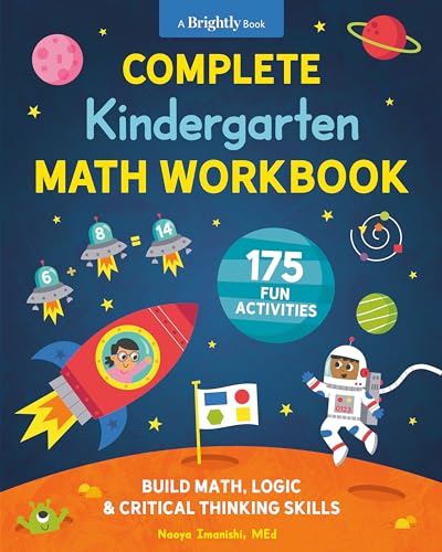 Colorful kindergarten math workbook cover with space theme and cartoon illustrations.