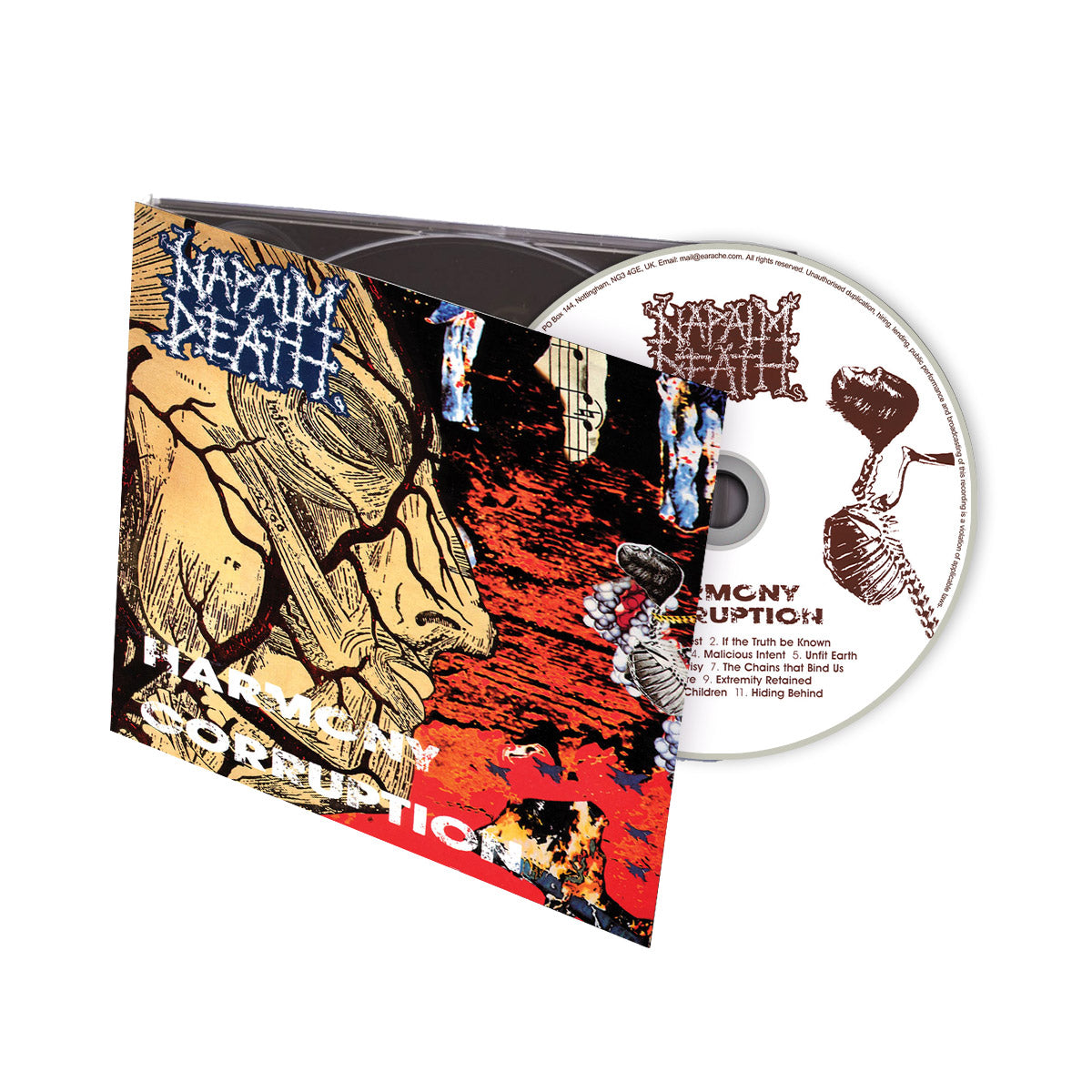 Napalm Death “Harmony Corruption” CD with disturbing, chaotic cover art.