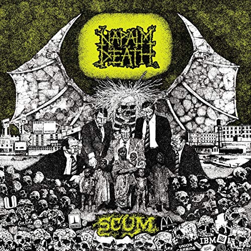 Napalm Death’s “Scum” album cover: detailed, dark illustration with figures and skulls.