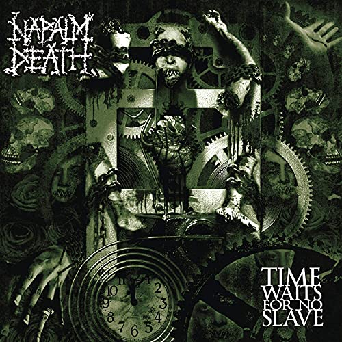 Napalm Death album cover: dark, surreal imagery with clocks and figures.